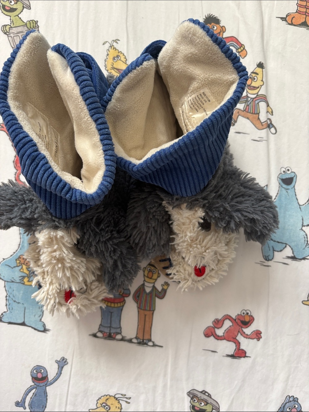 Hanna Andersson Blue Corduroy & Gray Plush Dog Kids Slippers